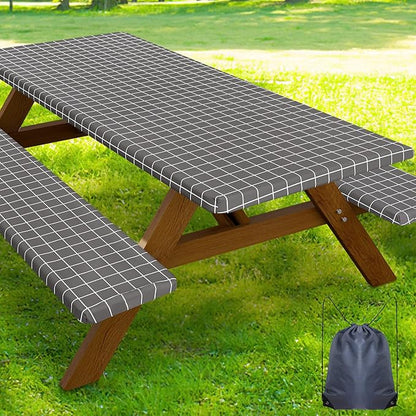Smiry Picnic Table Cover with Bench Covers, Waterproof Elastic Fitted Tablecloth for 6 Foot Tables, Washable Polyester Tablecloths for Camping, Indoor & Outdoor (Grey & White, 30x72 Inch 3-pc Set)