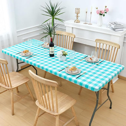 Smiry Rectangle Picnic Table Cloth, Elastic Waterproof Fitted Vinyl Tablecloths, Flannel Backed Buffalo Plaid Table Covers for Dining, Camping, Outdoor (White and Teal, 30" x 48")