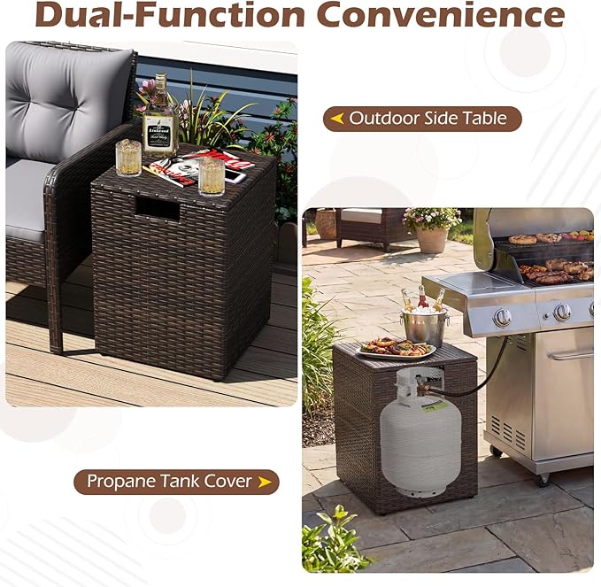 Tangkula Wicker Propane Tank Cover Table, 20 LB Gas Tank Holder Storage Box with Flip Lid & Adjustable Foot Pads, 16" Outdoor Rattan Hideaway Table for Gas Fire Pit, Grill, Griddle & Stove (Brown)