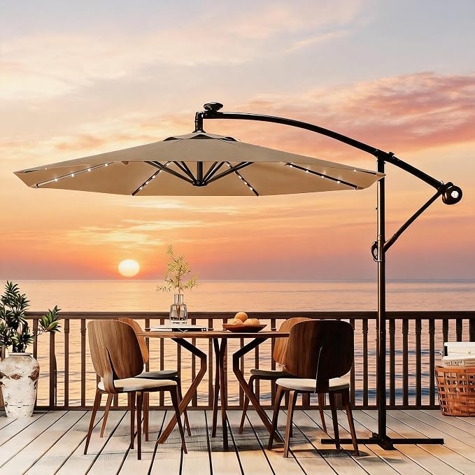 Garvee 10FT Solar Lights Offset Patio Umbrella with Cross Base, Tan | Cantilever Umbrella with Easy Lift & Tilt Adjustment, 8 Ribs Sun umbrella UV Protection for Backyard, Pool, Garden