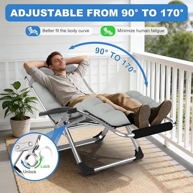 Slendor Zero Gravity Chair, Recliner Lounge Chairs with Cushion,Gray | Reclining Lounge Chair, Folding Anti Gravity Chairs w/Upgraded Lock, Removable Upgraded&Headrest, 440lbs, for Indoor Outdoor