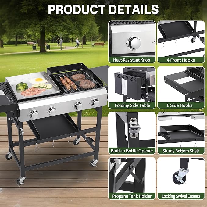 Gas Grill and Griddle Combo with Conversion Kit, 4-Burner Griddle Grill Combo with Folding Side Tables, 40,000 BTU Propane Grill with Cast Iron Grates and Stainless Steel Griddle