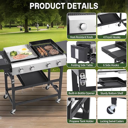 Gas Grill and Griddle Combo with Conversion Kit, 4-Burner Griddle Grill Combo with Folding Side Tables, 40,000 BTU Propane Grill with Cast Iron Grates and Stainless Steel Griddle