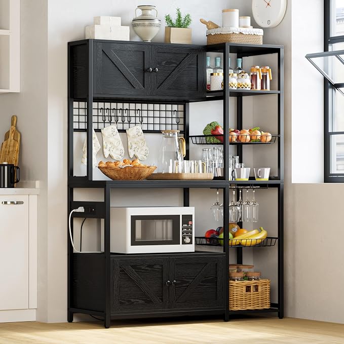 IRONCK Bakers Rack with Cabinet and Power Outlet, Coffee Bar, Vintage Black | Built-In Power Outlet. 45.3-inch countertop fits microwaves. 2 Cabinets, open shelves, hooks, P2 MDF. Anti-tip.