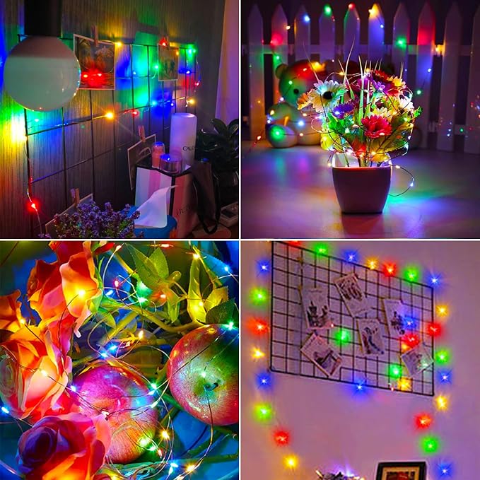 4 Pack Battery Fairy Lights 16.4 Ft 50 LED Christmas Timer Fairy Light | Waterproof Silver Wire Battery Twinkle Lights with Auto Timer 8 Modes for Xmas Wreath Decor, Multicolor
