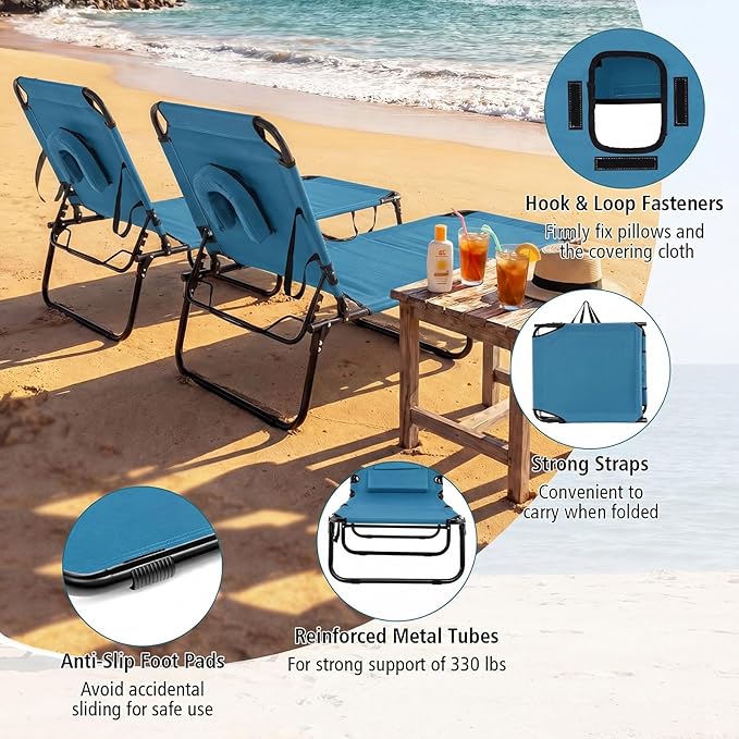 GYMAX Tanning Chair, Folding Lounge Chairs with Face Hole & Cover, Removable Pillow Carry Handle, Portable Compact Outdoor Layout Recliner for Beach, Poolside, Lawn, Patio, Camping (Blue,1)