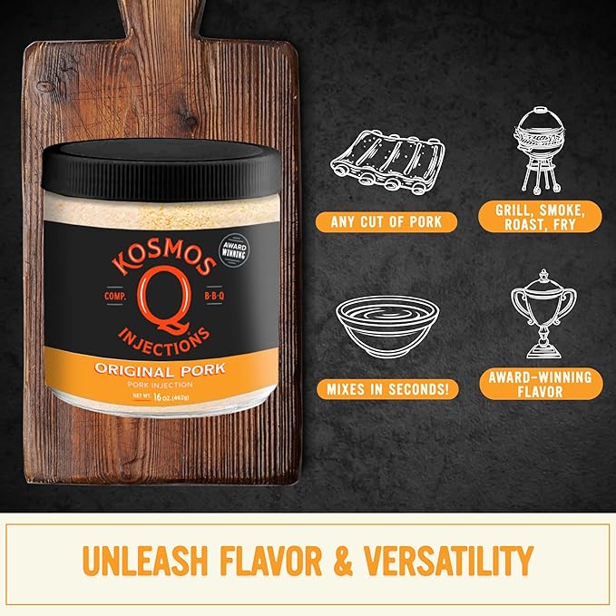 Kosmos Q Original BBQ Pork Injection, Meat Marinade for Pulled Pork, Chops, Ribs, Tenderloin & Brisket, Enhance Flavor & Juiciness, Award-Winning BBQ Seasoning for Moist & Tender Barbecue, 16 Oz Jar