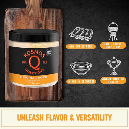 Kosmos Q Original BBQ Pork Injection, Meat Marinade for Pulled Pork, Chops, Ribs, Tenderloin & Brisket, Enhance Flavor & Juiciness, Award-Winning BBQ Seasoning for Moist & Tender Barbecue, 16 Oz Jar