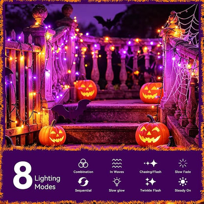 Slyuexu Solar String Lights Outdoor Waterproof 2 Pack Total 66ft 200LED | 8 Modes Twinkle Lights Solar Fairy Lights for Patio, Garden Yard Party Wedding Tree Halloween Decoration, Orange + Purple