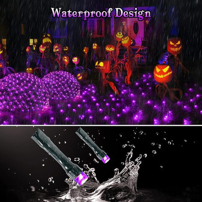BlcTec Halloween Net Lights, 200 LED 8.4ft x 5.2ft Purple Halloween Lights with 8 Modes, Timer, Connectable, Waterproof and Green Wire Design for Trees, Bushes Outdoor Decorations