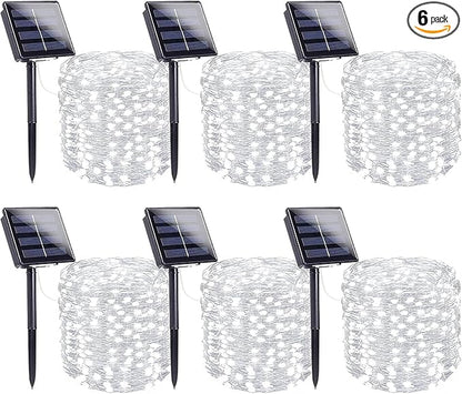 6 Pack Solar String Lights Outdoor, Extra-Long 600LED Solar Fairy Lights Outdoor Waterproof, Solar Twinkle Lights Silver Wire 8 Modes Solar Outside Lights for Xmas Tree Party Wedding (Cool White)