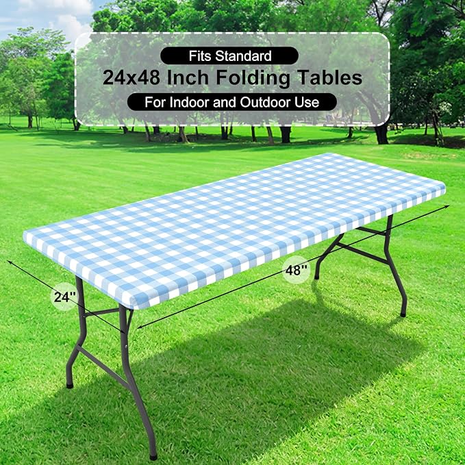 Buffalo Rectangle Picnic Tablecloth, 4 Foot Elastic Fitted Vinyl Table Cloth with Flannel Backing, Waterproof Plaid Table Covers for Dining, Camping, Outdoor (Baby Blue and White, 24" x 48")