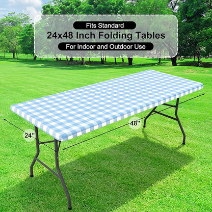Buffalo Rectangle Picnic Tablecloth, 4 Foot Elastic Fitted Vinyl Table Cloth with Flannel Backing, Waterproof Plaid Table Covers for Dining, Camping, Outdoor (Baby Blue and White, 24" x 48")
