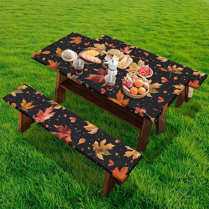 Classic Maple Leaf Elastic Fitted Table Cloth for Camping Party Supplies 3 PCS Set Thanksgiving Outdoor Picnic Table Cover with Bench Covers