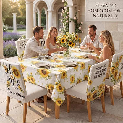 7 Pcs Sunflower Tablecloth and Chair Covers Set 60 x 84 Inch Waterproof Stain Rectangular Table Cover with Stretchable Removable Chair Slipcovers for Dining Room, Patio, Summer Parties