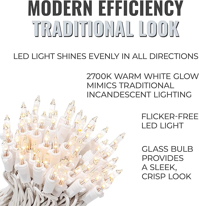 612 Vermont 100 LED Clear Christmas Lights on White Wire, UL Approved, Indoor and Outdoor Use, 24.75 Foot of Lighted Length, 25.4 Foot of Total Length