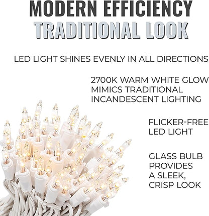 612 Vermont 100 LED Clear Christmas Lights on White Wire, UL Approved, Indoor and Outdoor Use, 24.75 Foot of Lighted Length, 25.4 Foot of Total Length