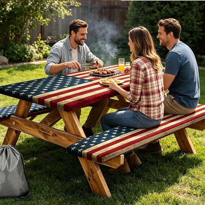 Picnic Table Cover with Bench Covers 4th of July Independence Day Tablecloth Camping Essentials Rv Travel Gear Must Haves Accessories Fitted Table Cloth Outdoor Camper Gifts American Flag, 30X60 Inch
