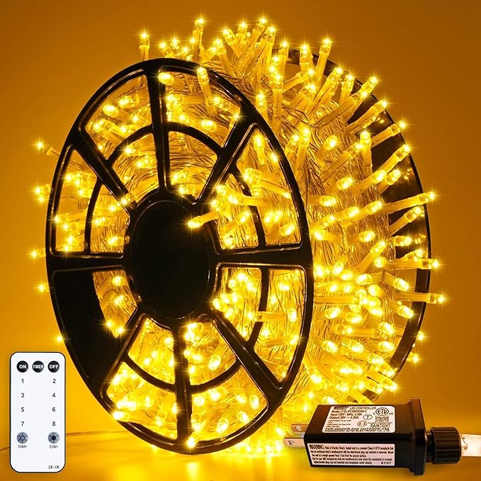 JMEXSUSS 500 LED Warm White Christmas Lights Indoor Outdoor, 163ft Clear Wire Plug-in String Lights Bedroom, 8 Modes Remote Control Christmas Tree Light for Bedroom Tree Classroom