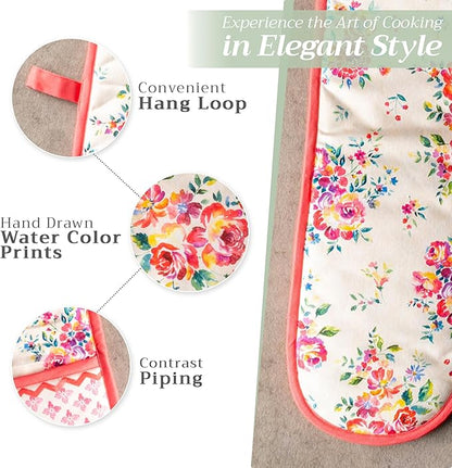 Maison d' Hermine Double Oven Mitts 100% Cotton 7"x35" Double Oven Mitt Heat Resistant BBQ Cooking Gloves with Loop Baking Grilling Kitchen Hotel Home Farmhouse Spring Summer (Rose Garden)