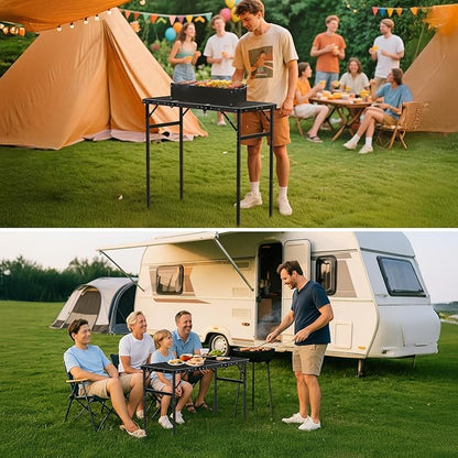 GARLLEN Folding Grill Table, 3-Height Adjustable Lightweight Grill Table with Heat-Resistant Tabletop, Portable Aluminum Camping Table for BBQ, Picnic, Cooking, 35.4" L x 15.7" W, Threaded Install