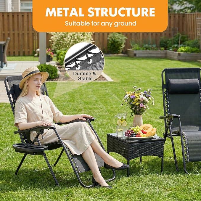Zero Gravity Chair Set of 2, Adjustable Folding Reclining Lounge Chairs with Mesh Back, Adjustable Pillows & Cup Holder Trays, Outdoor Patio Lawn Chairs for Pool, Beach & Camping, Black