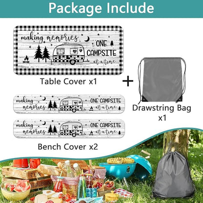 Picnic Table Cover with Bench Covers Elastic Edges, Camper Plaid Wooden Fitted Table Cover, Outdoor Patio Camping Essentials 60 Inch 3PCS, Waterproof Camping Fitted Tablecloth with Drawstring Bag