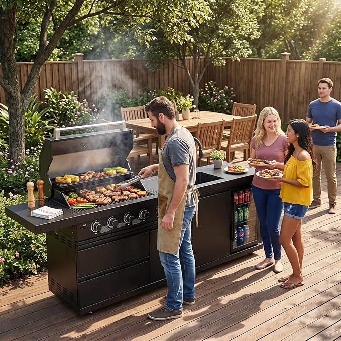 84 Inch Outdoor Kitchen Island Grill, 6 Burner 75300 BTU Stainless Steel Propane Gas Grill Island with Sink and Refrigerator, Modular BBQ Barbecue Island with Granite Countertop and Rotisserie Kit
