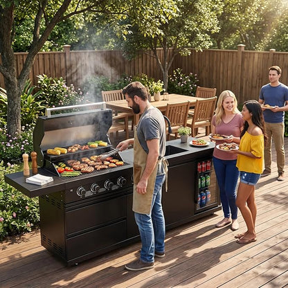 84 Inch Outdoor Kitchen Island Grill, 6 Burner 75300 BTU Stainless Steel Propane Gas Grill Island with Sink and Refrigerator, Modular BBQ Barbecue Island with Granite Countertop and Rotisserie Kit