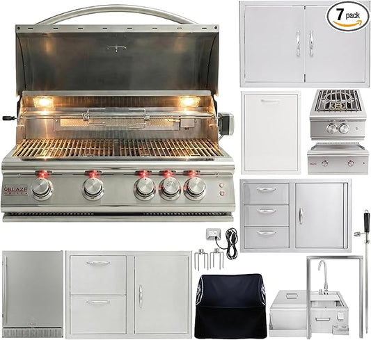 BLAZE BBQ Outdoor Package 7 of 40” LTE Built-in Natural Gas Grill, Gas Griddle, Gas Power Burner, Beverage Center, 39” Door &Three Drawers Combo, Trash Drawer, Double Access Door, and Accessories
