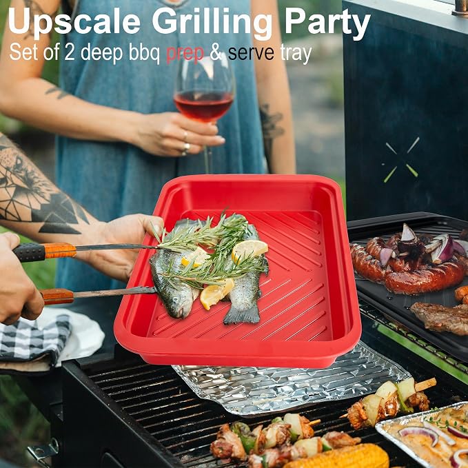 ECOIOU Deep Grilling and Prep Serving Tray, Dishwasher-Safe | BBQ Trays for Raw and Cooked Food, Melamine Serving Trays for Food, Set of 2, Black and Red