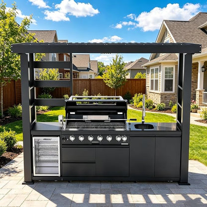 108" Outdoor Kitchen Island Crafted from Stainless Steel,6-Burner 85,000 BTU Natural Gas Grill with Rotisserie Oven,Galvanized Steel Roof,Granite Countertops,Refrigerator,Storage,Sink.(Natural Gas)
