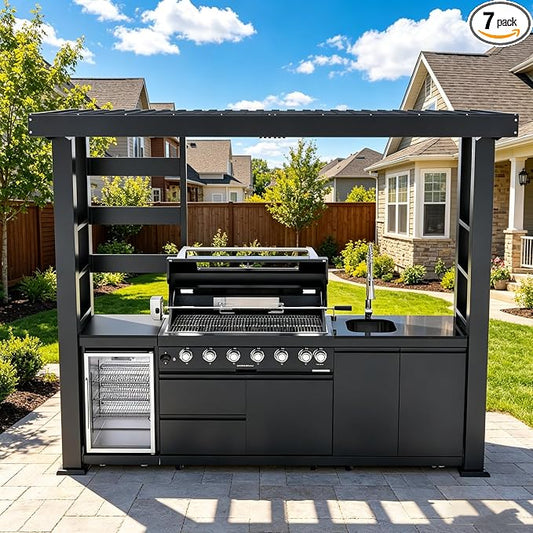108" Outdoor Kitchen Island Crafted from Stainless Steel,6-Burner 85,000 BTU Propane Grill with Rotisserie Oven,Galvanized Steel Roof,Granite Countertops,Refrigerator,Storage,Sink.(Propane Gas)