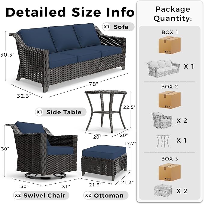 6 Pieces Patio Conversation Furniture Set - 1 Sofa, 2 Swivel Chairs, 2 Ottomans, 1 Side Table, Outdoor Wicker Furniture with Removable Cushions for Porch, Balcony, Sunroom (Blue)