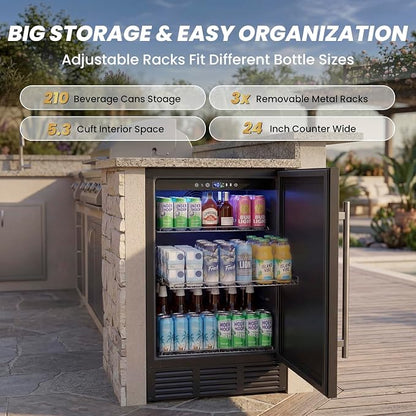 24 Inch Wide Under Counter Beverage Refrigerator, 210 Cans Large Capacity Drink Cooler, Freestanding & Built-in Beer Wine Soda Fridge with LED Light, for Home Kitchen Bar Office Outdoor Patio Black