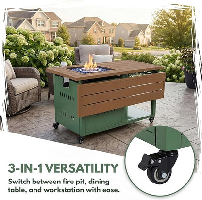Outdoor Propane Fire Pit Table 44" with Lid & Wheels, Multifunctional Patio Fire Table with Storage Shelf, Steel Gas Firepit Dining Table for Backyard, Garden, Deck, Green