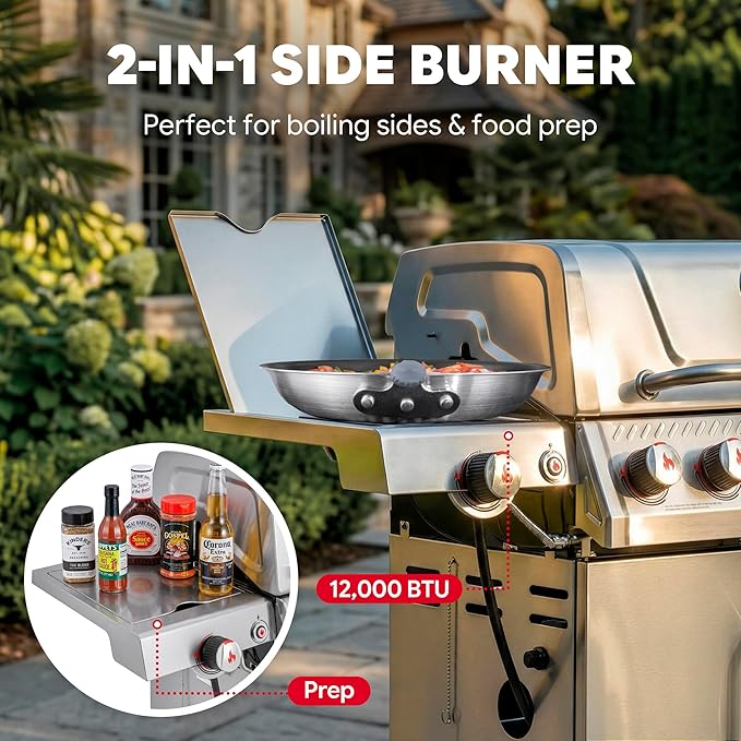 Feasto 5 Burner Propane Gas Grill with Side Burner & Sear Burner, All Stainless Steel BBQ Grill with Porcelain-Enameled Main Cook Chamber & Storage Cabinet for Outdoor Backyard Patio