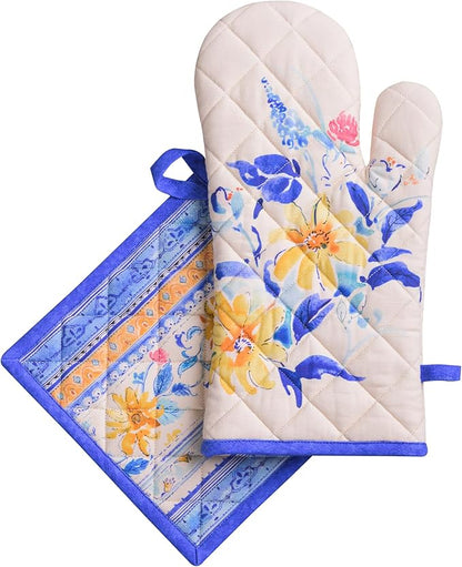 Maison d' Hermine 100% Cotton Oven Mitt & Pot Holder Set (7.5"x13" & 8"x8") Heat Resistant BBQ Cooking Gloves with Loop Baking Grilling Kitchen Hotel Home Farmhouse Spring Summer (Girassol)