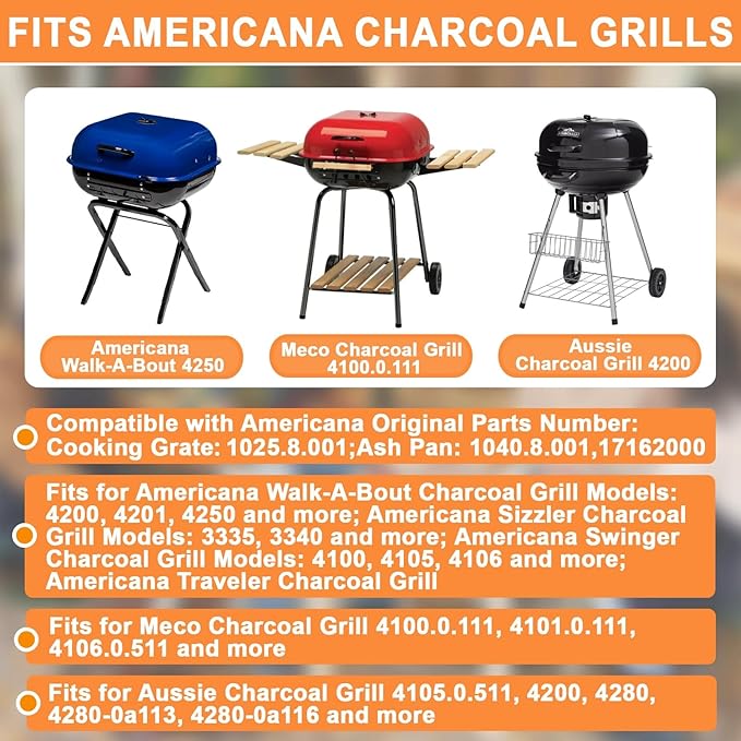 Grill Parts for Aussie Charcoal Grill Parts Americana Grill Replacement Parts Walk-A-Bout, Sizzler, Swinger & Traveler,1PC 1025.8.001 Charcoal Grate &1PC 1040.8.001 Ash Pan for Americana 3000-4000 SER