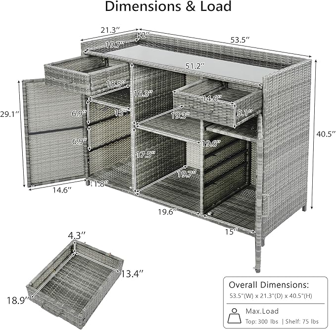 RUNNA 53.5" W Outdoor Wicker Storage Cabinet with Fridge Space,Weatherproof Outdoor Mini Fridge Bar Cabinet with Adjustable Shelves & Drawers for Pool Towel Storage,Garden,Kitchen (Grey#64)