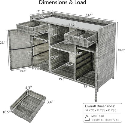 RUNNA 53.5" W Outdoor Wicker Storage Cabinet with Fridge Space,Weatherproof Outdoor Mini Fridge Bar Cabinet with Adjustable Shelves & Drawers for Pool Towel Storage,Garden,Kitchen (Grey#64)