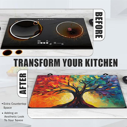 Tree of Life Glass Top Stove Cover Protector,Modern Colorful Tree Heat Resistant Stove Top Cover, Large Size Range Covers for Electric Stove Countertop Mat, 28 x 20 Inch