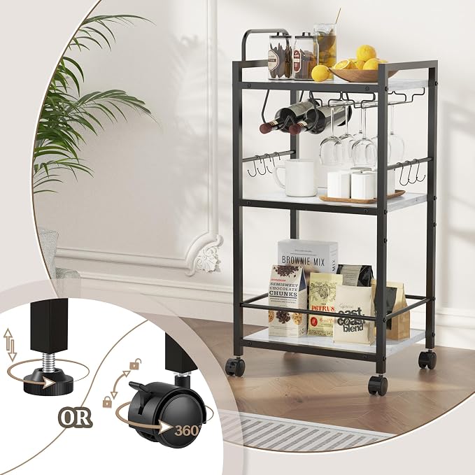 Bar Cart for The Home, 3 Tier Kitchen Carts with Wheels, Small Rolling Cart with Glass Holders, Wine Rack, Mini Bar Cart for Kitchen, Dining room, Living Room, 13.0"D x 17.0"W x 33.8"H, Marble White