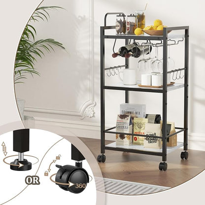 Bar Cart for The Home, 3 Tier Kitchen Carts with Wheels, Small Rolling Cart with Glass Holders, Wine Rack, Mini Bar Cart for Kitchen, Dining room, Living Room, 13.0"D x 17.0"W x 33.8"H, Marble White