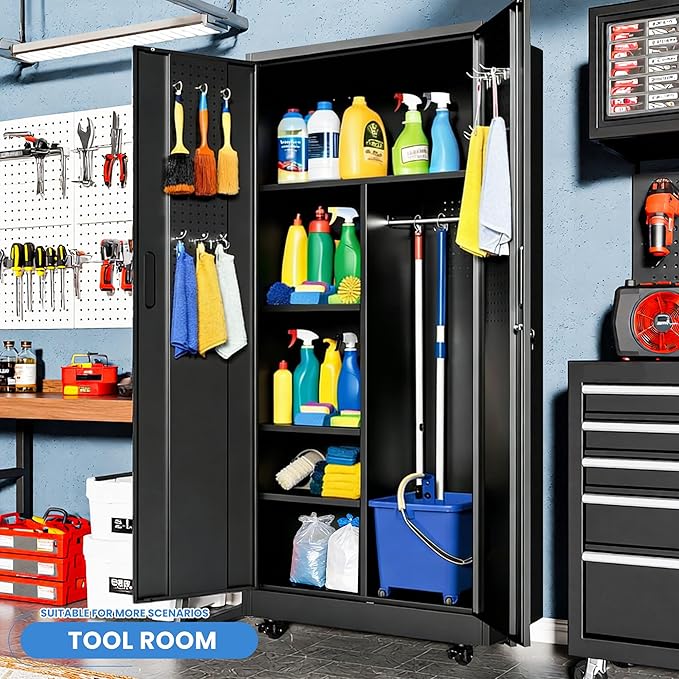Metal Garage Storage Cabinet with Pegboard and Hanging Rod, 71'' Tall Metal Broom Closet Storage Cabinets, Rolling Tool Cabinet on Wheels for Garage, Utility Room (Black)