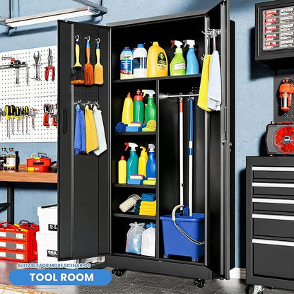 Metal Garage Storage Cabinet with Pegboard and Hanging Rod, 71'' Tall Metal Broom Closet Storage Cabinets, Rolling Tool Cabinet on Wheels for Garage, Utility Room (Black)