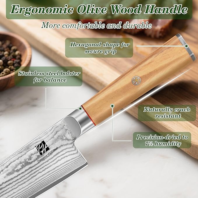 Razor-Sharp 8-Inch Chef's Knife with Olive Wood Handle, 15 Degree Edge VG10 High Carbon Steel Professional Japanese-Style Damascus Knife Gift Box for Family &Restaurant