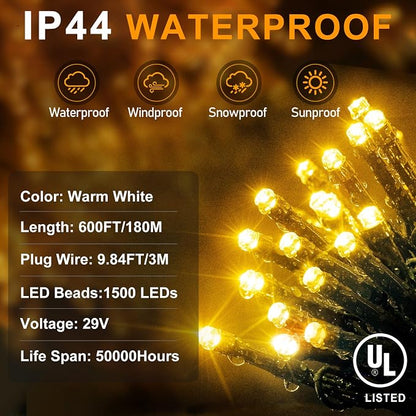 KNONEW 600ft 1500 LED Christmas String Lights Outdoor Green Wire 8 Modes & Timer Fairy Light Plug in Waterproof Patio Lights for Xmas Yard Tree Wedding Party Holiday Decorations (Warm White)