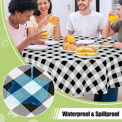Smiry Picnic Table Cloth, Vinyl Tablecloths with Flannel Backing, 60" Round | Waterproof Picnic Table Cloth, Wipeable Buffalo Plaid Table Cover for Indoor and Outdoor (Black & White)