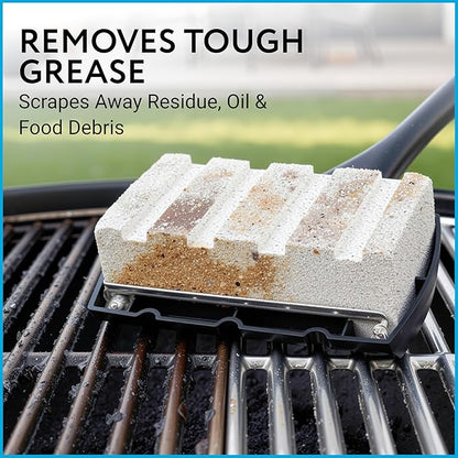 Impresa Pumice Stone Grill Brush - 5 x 2 in Head, 16 in Handle, Pack of 3 Replacement Bricks - Grease Removal BBQ Cleaning Stone - Ergonomic Long Handle Griddle Cleaning Kit - Versatile Grill Scraper